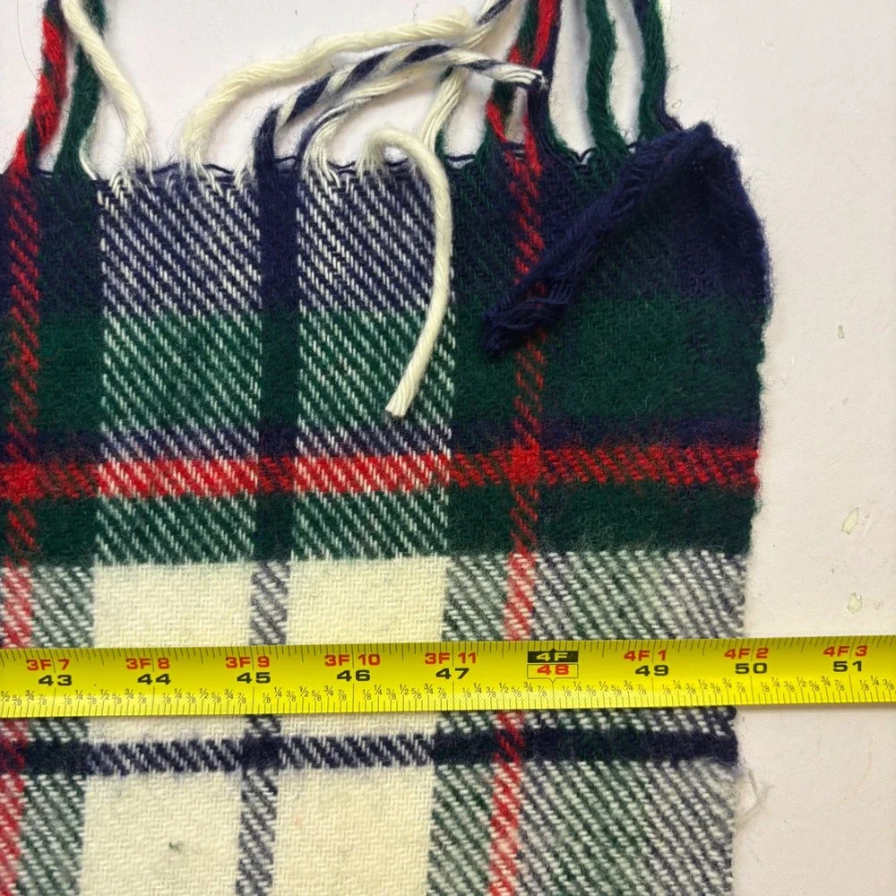 Vtg Troy Leisure Wool Blanket Plaid Navy Green Red Fringe Made USA 50x61